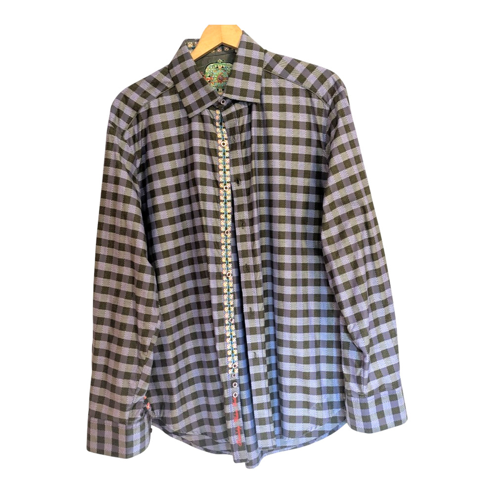 Robert Graham Shirt Mens Large Gotham Purple Plaid Embroidered Flip Cuff